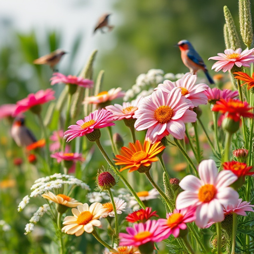 Summer flowers with birds nearby
