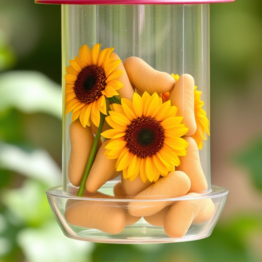 Sunflower hearts in clear plastic bird feeder