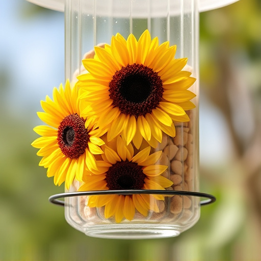 Sunflower hearts in clear plastic bird feeder