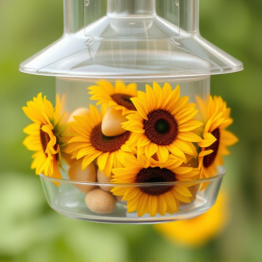 Sunflower hearts in clear plastic bird feeder