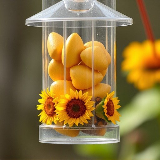 Sunflower hearts in clear plastic bird feeder