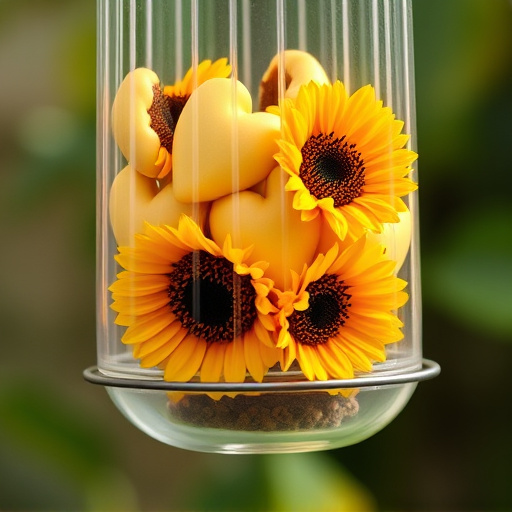 Sunflower hearts in clear plastic bird feeder