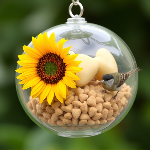 Sunflower hearts in clear plastic bird feeder
