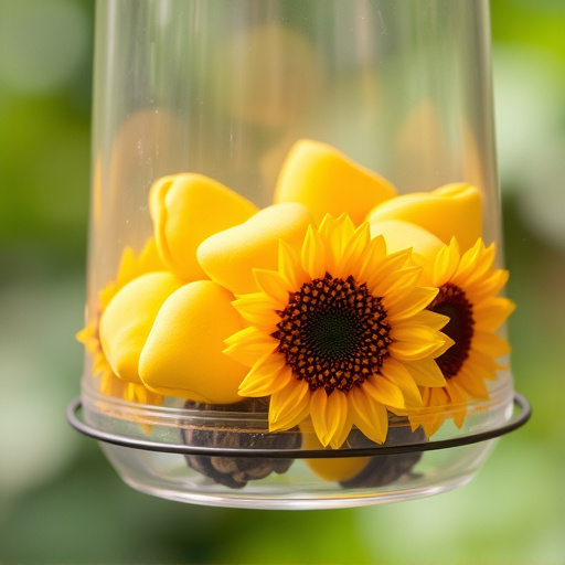Sunflower hearts in clear plastic bird feeder