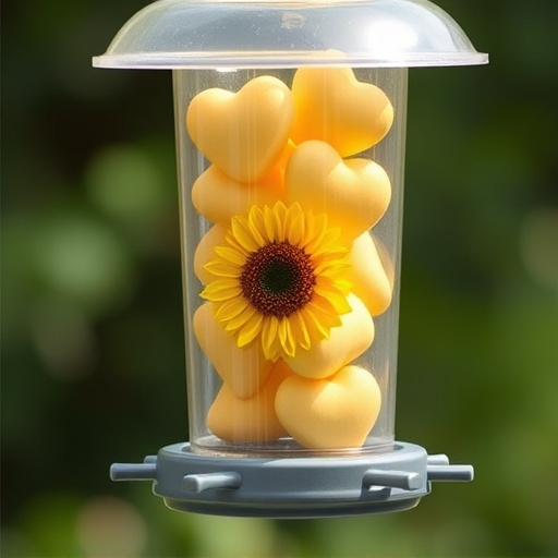 Sunflower hearts in clear plastic bird feeder