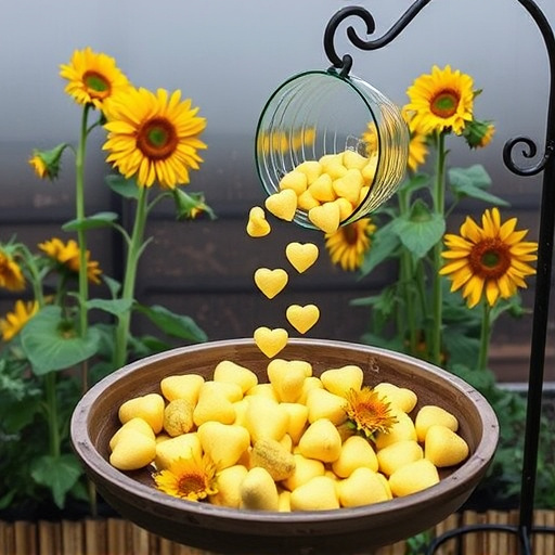 Sunflower hearts poured into bird table tray