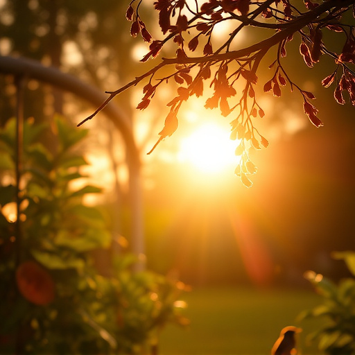 Sunlit garden with birds eating seed