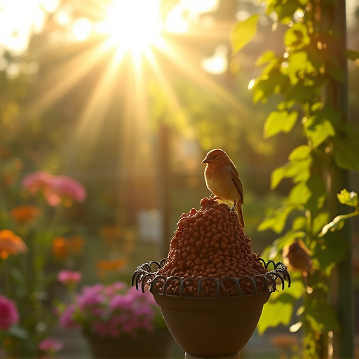 Sunlit garden with birds eating seed