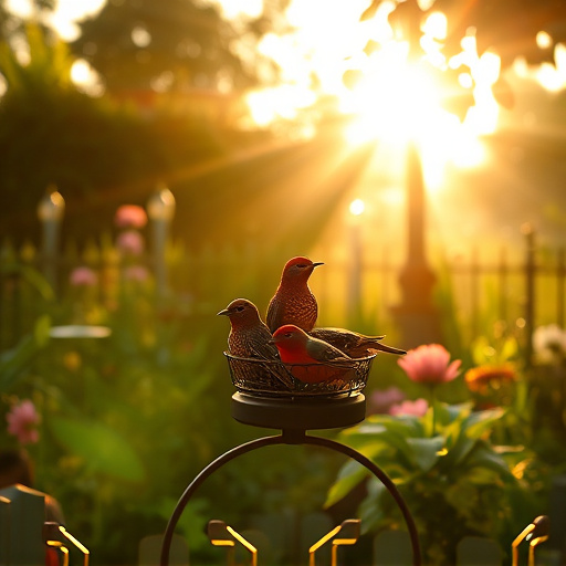 Sunlit garden with birds eating seed