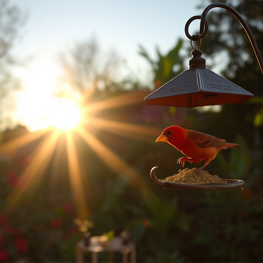 Sunlit garden with birds eating seed