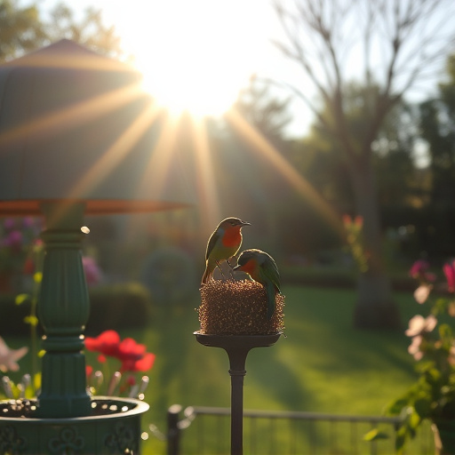 Sunlit garden with birds eating seed