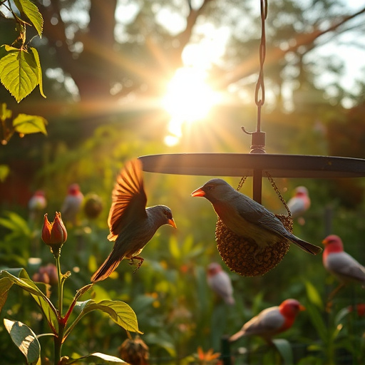 Sunlit garden with birds eating seed