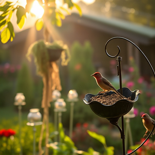 Sunlit garden with birds eating seed