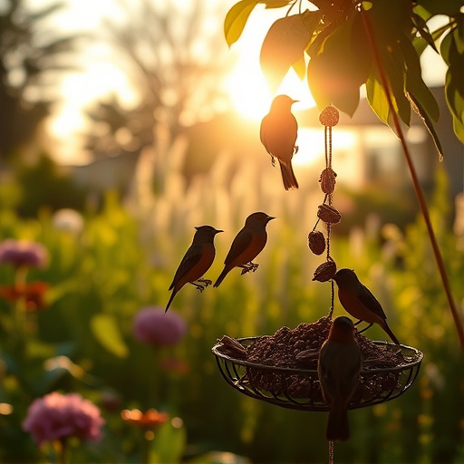 Sunlit garden with birds eating seed
