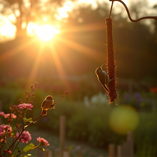Sunlit garden with birds eating seed