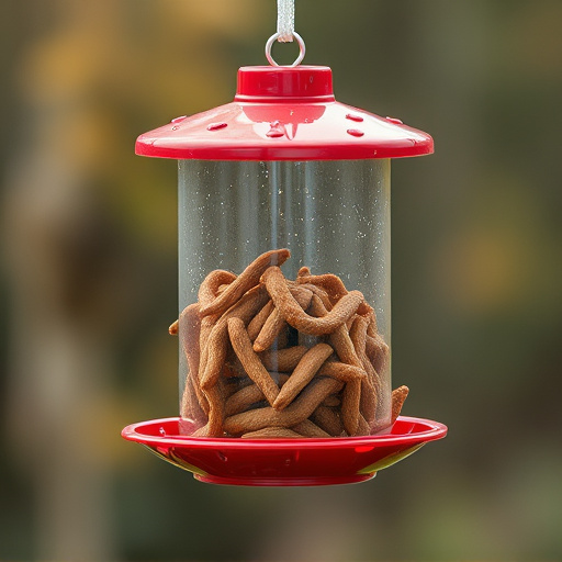 Suspended feeder filled with wriggly treats
