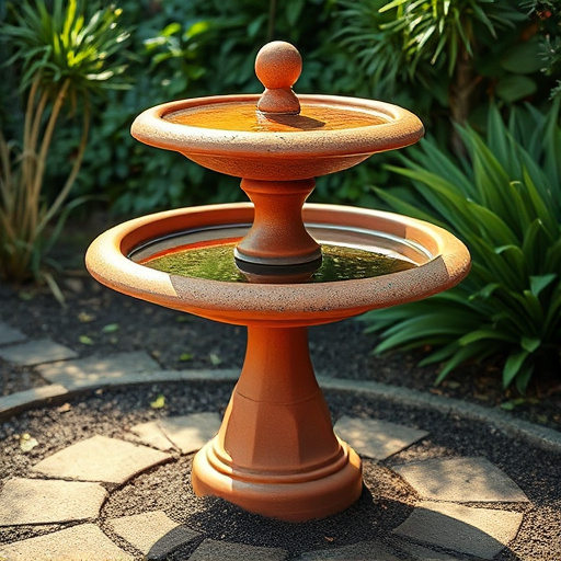 Terracotta bird bath with clear reflection