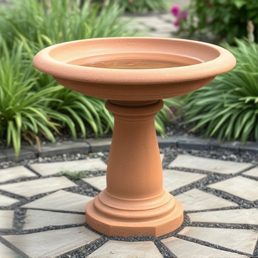 Terracotta bird bath with clear reflection