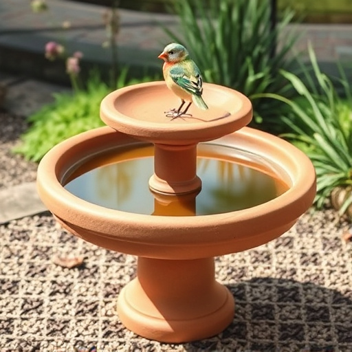 Terracotta bird bath with clear reflection