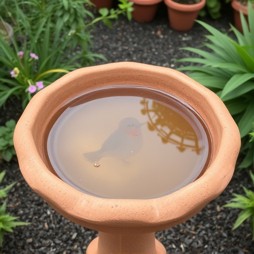 Terracotta bird bath with clear reflection