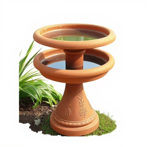 Terracotta bird bath with clear reflection