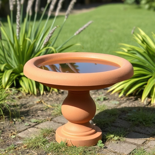 Terracotta bird bath with clear reflection