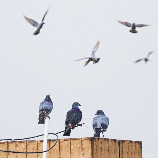 Tiny birds perched, pigeons kept away