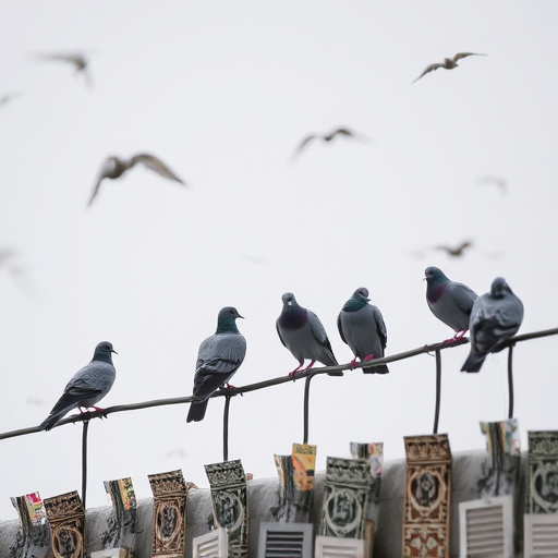 Tiny birds perched, pigeons kept away