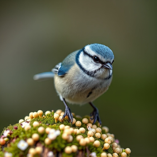 Tiny blue tit pecking suet pellets