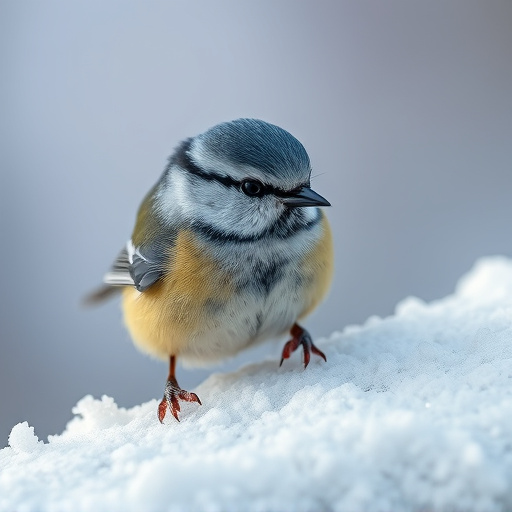 Tiny blue tit pecking suet pellets