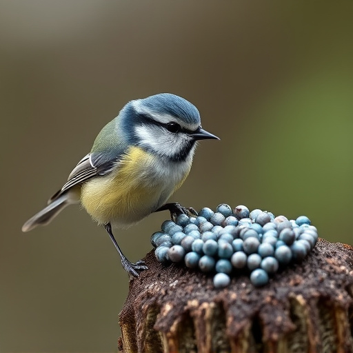 Tiny blue tit pecking suet pellets