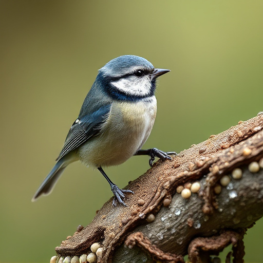 Tiny blue tit pecking suet pellets