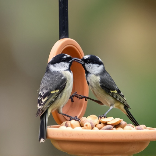 Tit bird feeding from peanut feeder