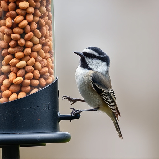 Tit bird feeding from peanut feeder