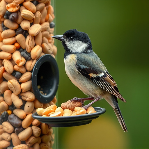 Tit bird feeding from peanut feeder