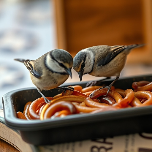 Tits feeding on mealworms in tray