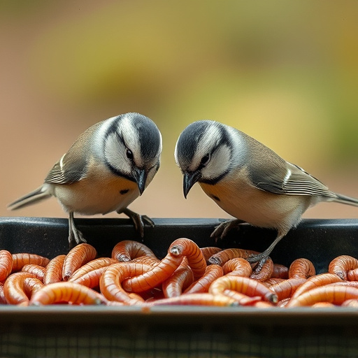 Tits feeding on mealworms in tray