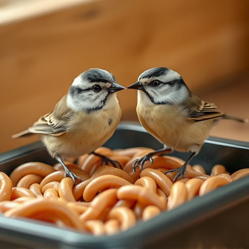 Tits feeding on mealworms in tray