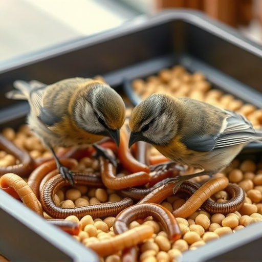 Tits feeding on mealworms in tray