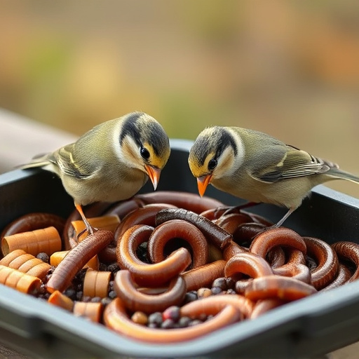 Tits feeding on mealworms in tray