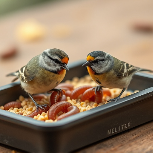 Tits feeding on mealworms in tray