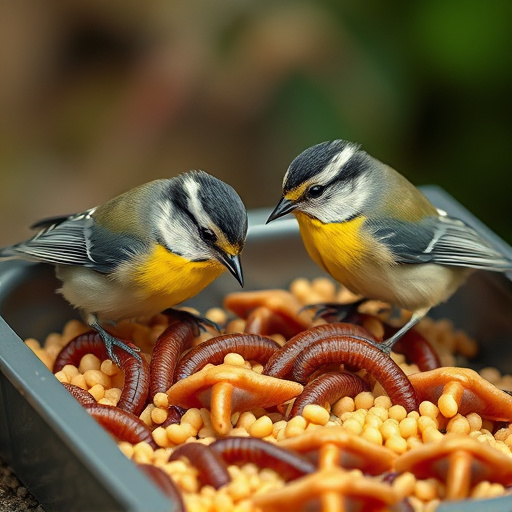 Tits feeding on mealworms in tray