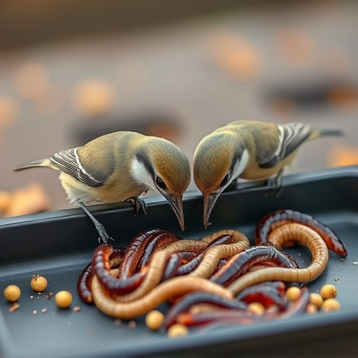 Tits feeding on mealworms in tray