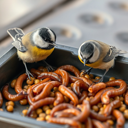 Tits feeding on mealworms in tray