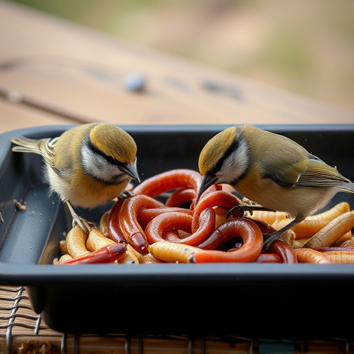 Tits feeding on mealworms in tray