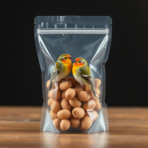 Transparent pouch of peanuts for birds