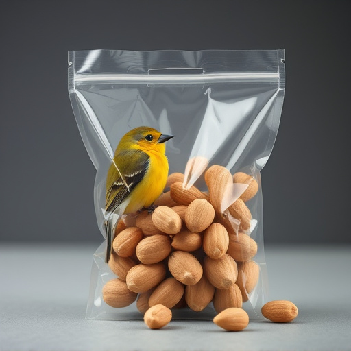 Transparent pouch of peanuts for birds