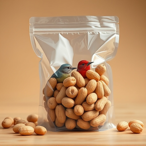 Transparent pouch of peanuts for birds