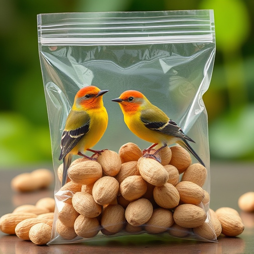 Transparent pouch of peanuts for birds