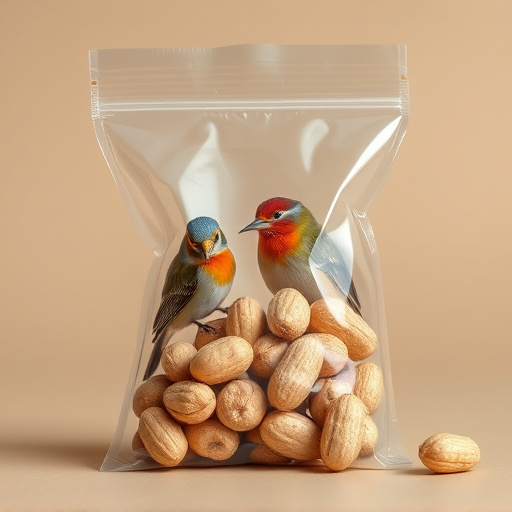 Transparent pouch of peanuts for birds